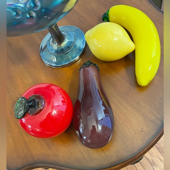 Vintage Indiana Glass Blue Carnival Compote Centerpiece Bowl & Glass Fruit - Picture 9 of 12